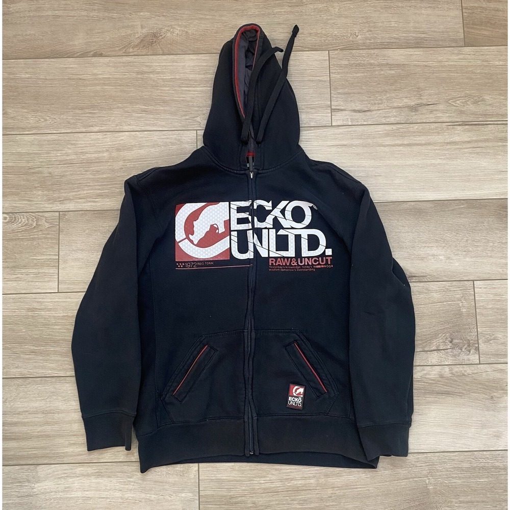 Y2K Ecko Unltd Full Zip Black Hoodie Sweatshirt Men's Size Large Skater Grunge